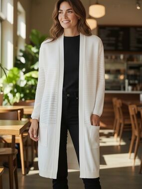 Talbots White Open-Front Long Cardigan cotton blend